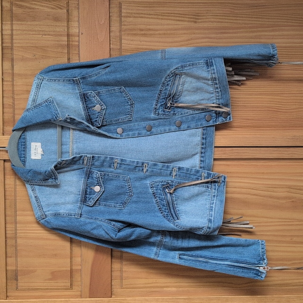 143 Story boutique leather fringe denim jacket